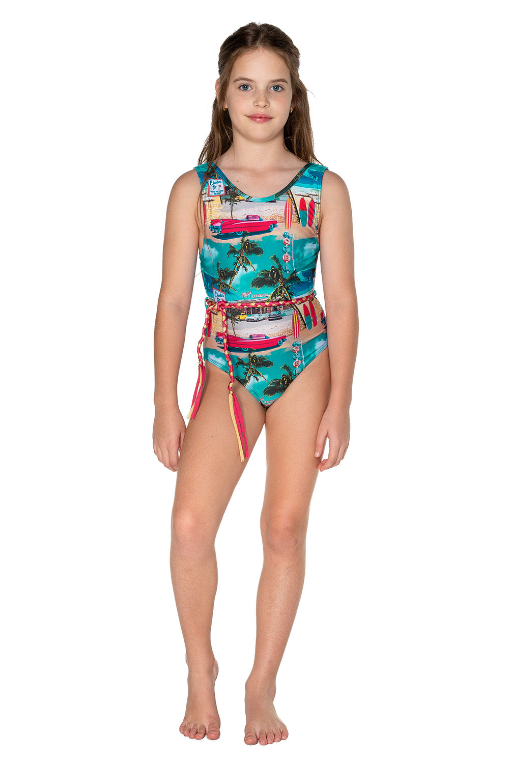 Girls Belt One Piece Swimsuit - Retro Cadillac - Front