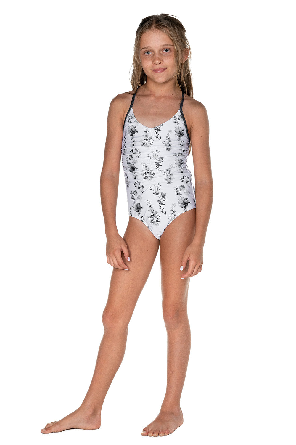 Girls One Piece Cross Back Swimsuit - White Floral - Arizona - Front