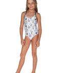Girls One Piece Cross Back Swimsuit - White Floral - Arizona - Front