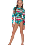 Girls Long Sleeve Swimsuit with Side Ties - Retro Cadillac - Front