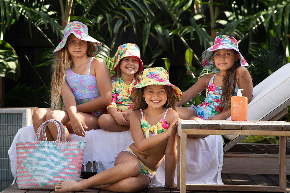 Girls Bucket Hat - Yellow Hawaiian Floral - Lei - Lifestyle 2