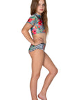 Girls Bikini Rashie Swim Set - Grey Hawaiian Floral - Isla - Side