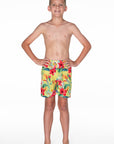 Boys Board Shorts - Yellow Hawaiian Floral - Lei - Front