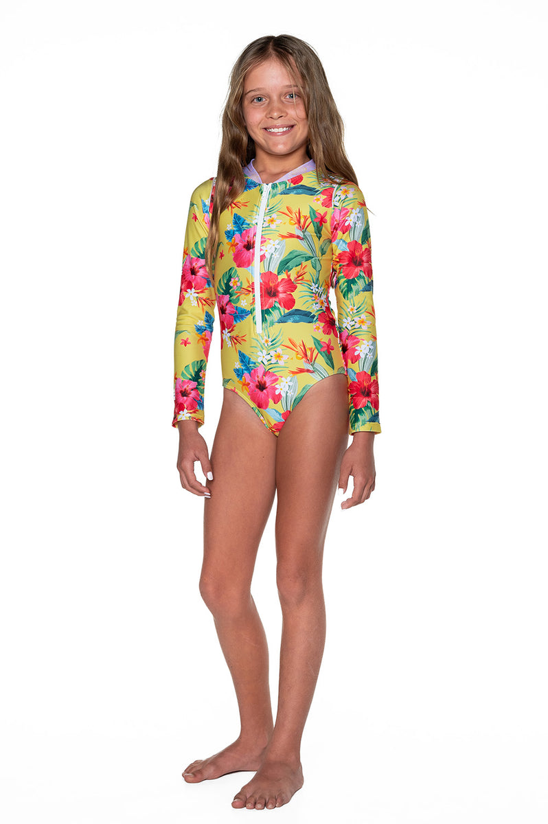 Girls Long Sleeve Zip Swimsuit Yellow Hawaiian Floral Lei Olga