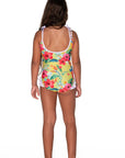Girls Frilly One Piece Swimsuit - Yellow Hawaiian Floral - Lei - Back