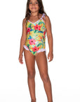 Girls Frilly One Piece Swimsuit - Yellow Hawaiian Floral - Lei - Front