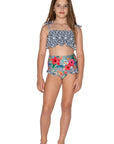 Girls Ruched Bikini - Grey Hawaiian Floral - Isla - Front