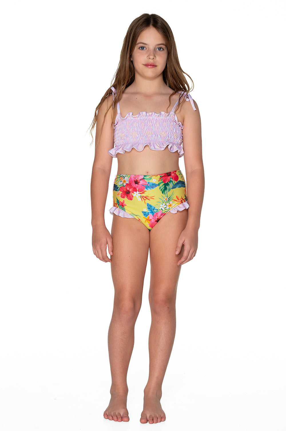 Girls Ruched Bikini - Yellow Hawaiian Floral - Lei – Olga Valentine Swimwear