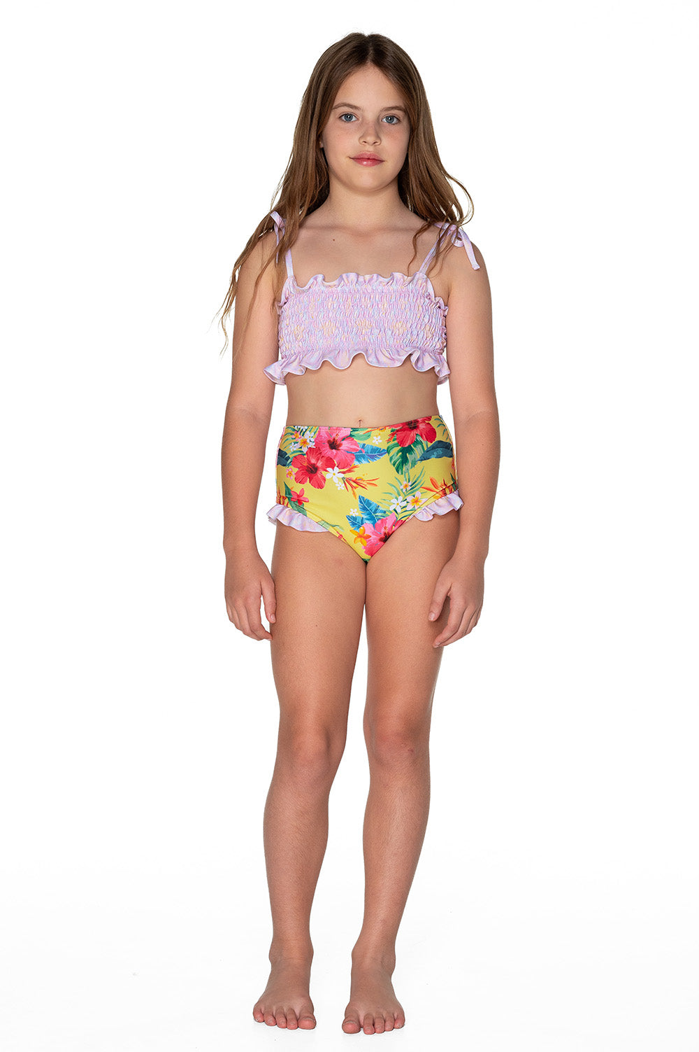 Girls Ruched Bikini - Yellow Hawaiian Floral - Lei - Front