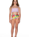 Girls Ruched Bikini - Yellow Hawaiian Floral - Lei - Front