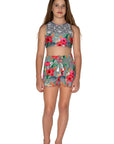 Girls Board Shorts - Grey Hawaiian Floral - Isla - Front