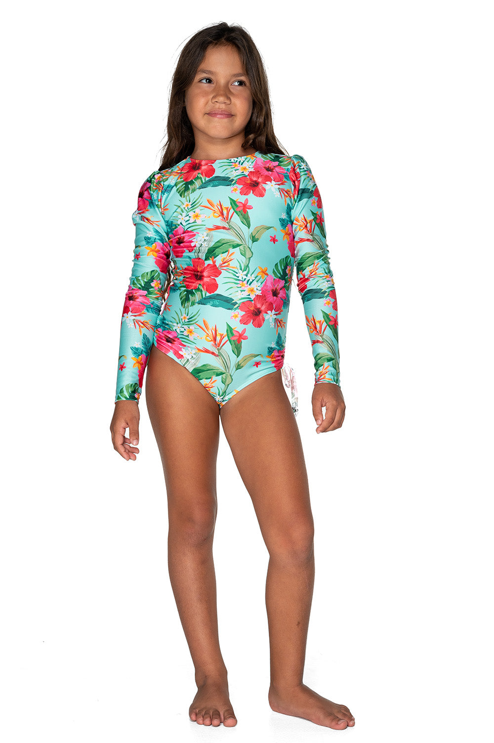 Girls Long Sleeve Swimsuit - Blue Hawaiian Floral - Moana - Front