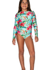 Girls Long Sleeve Swimsuit - Blue Hawaiian Floral - Moana - Front
