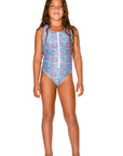 Girls Zip One Piece Swimsuit - Purple Snakeskin - Kala - Front