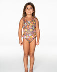 Girls Frilly One Piece Swimsuit - Brown Floral - Poppy - Front