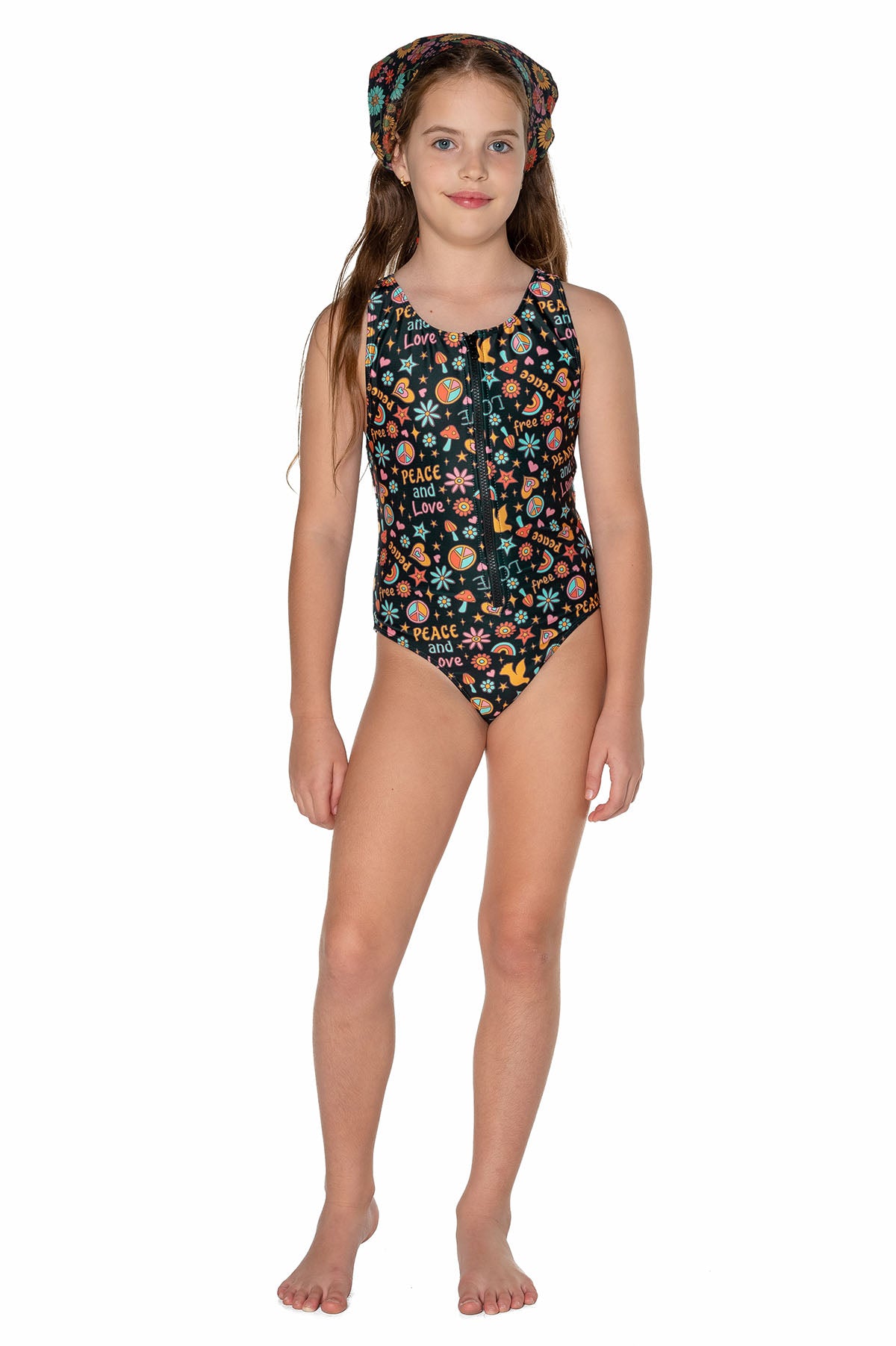 Girls Zip One Piece Swimsuit - Black Retro - Lola - Front