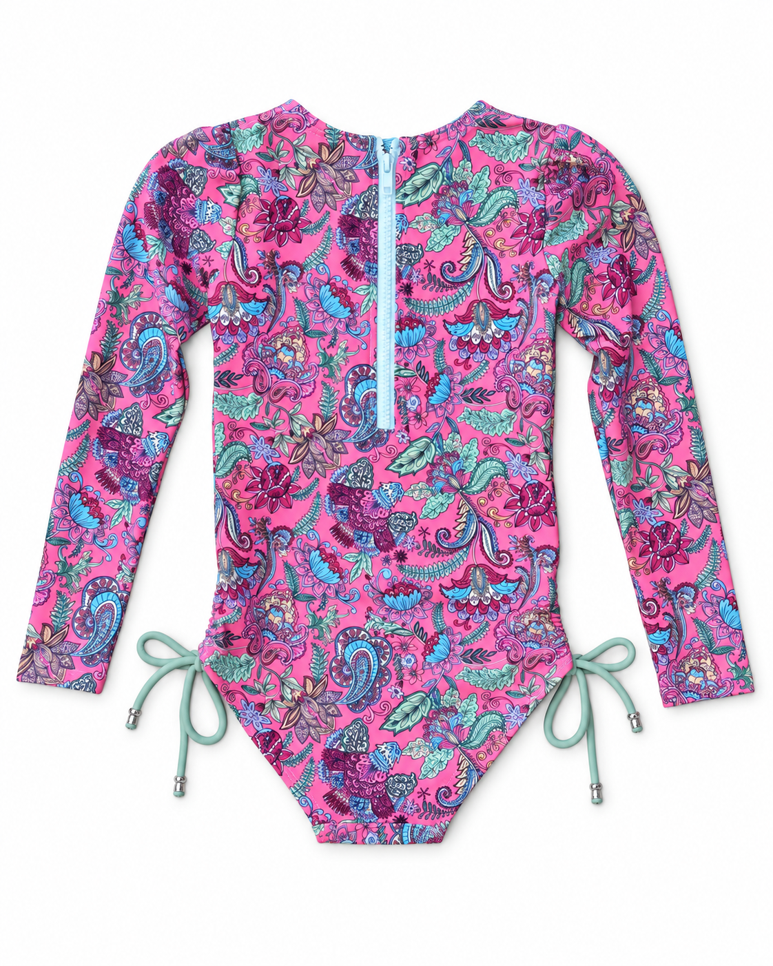 girls long sleeve swimsuit with side ties in Liberty print back view