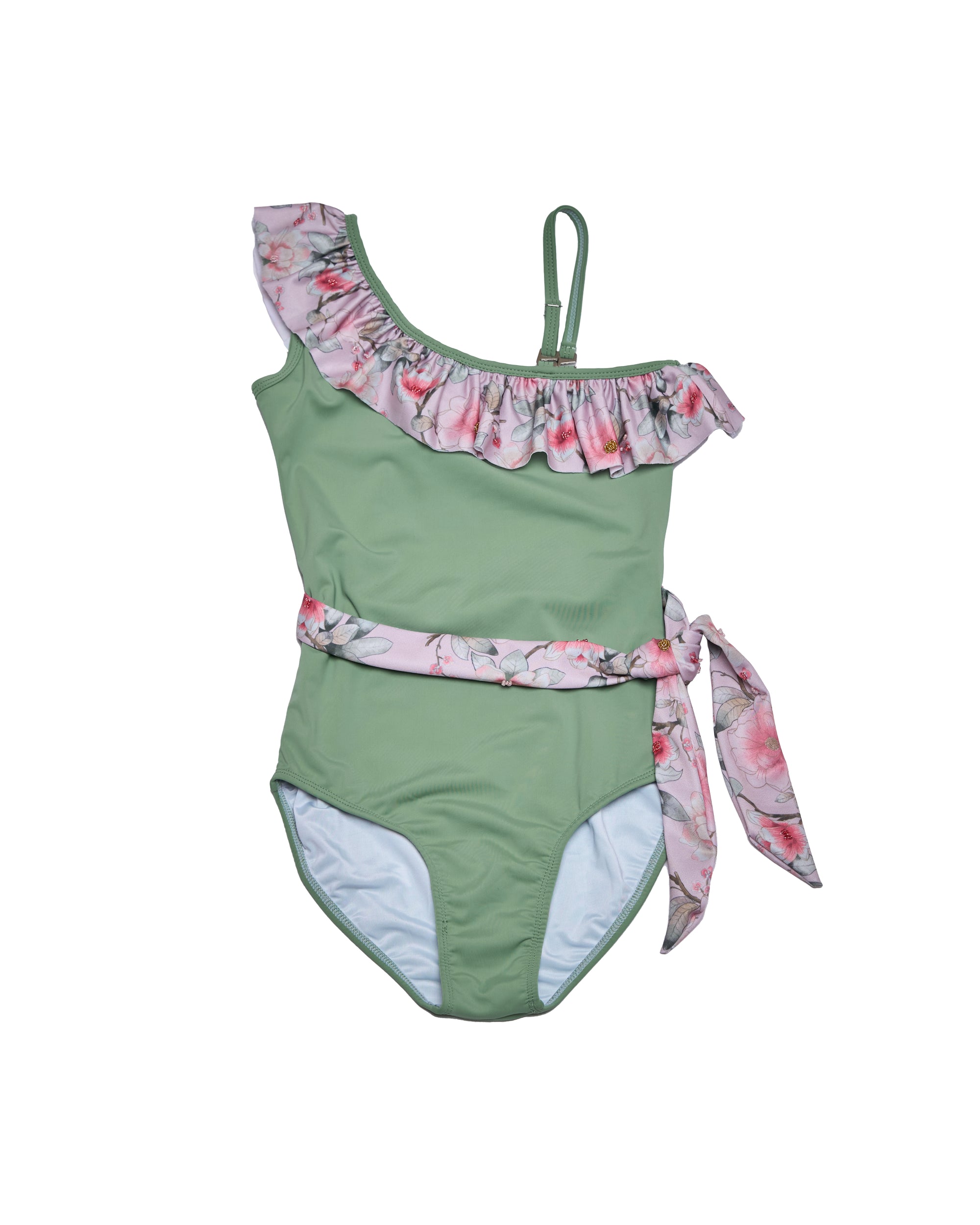 One Shoulder One Piece With Ruffle Trim (Green Fields)