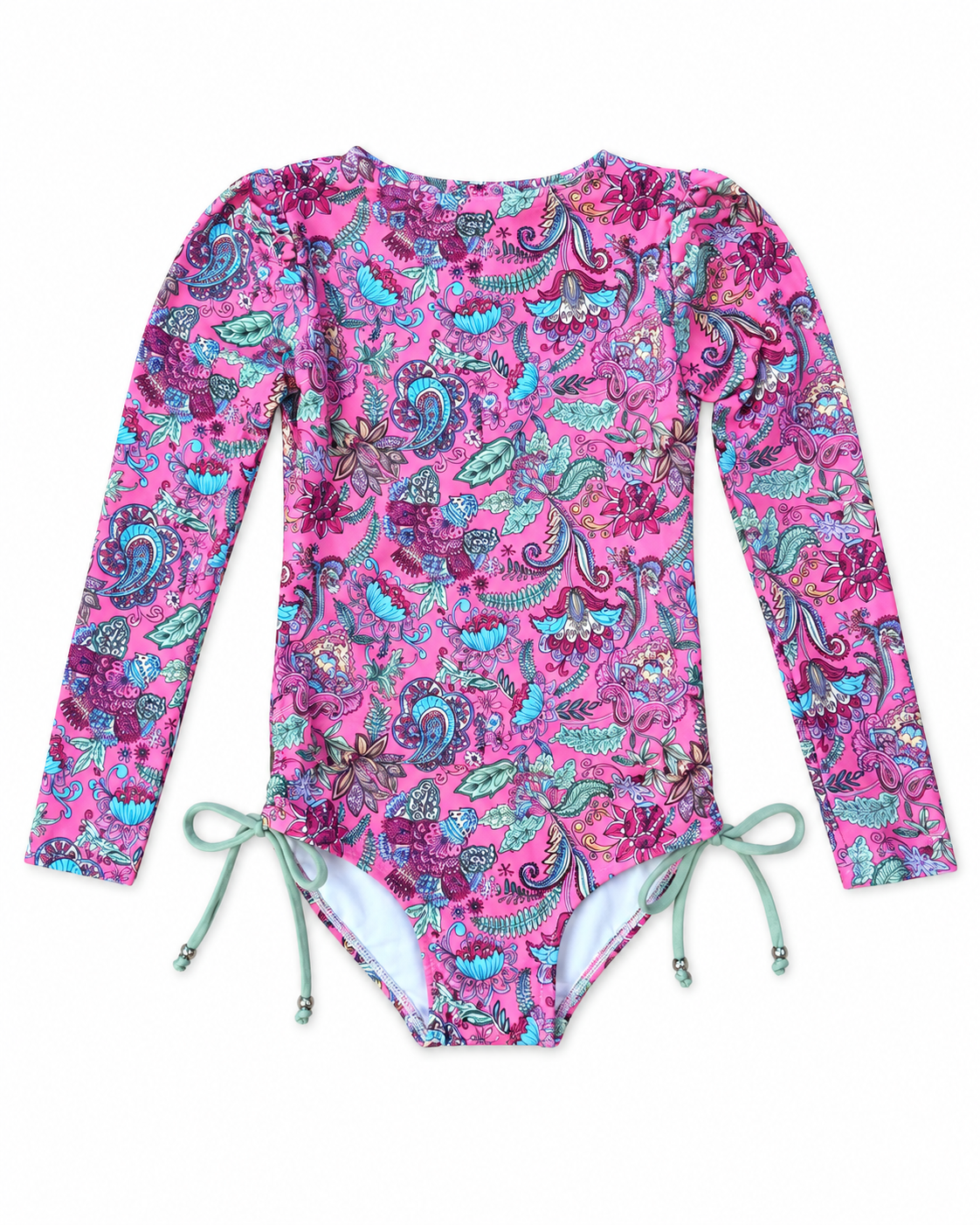 girls long sleeve swimsuit with side ties in Liberty print front view
