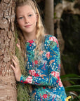Girls Navy Floral Long Sleeve Swimsuit with Side Ties - Lifestyle