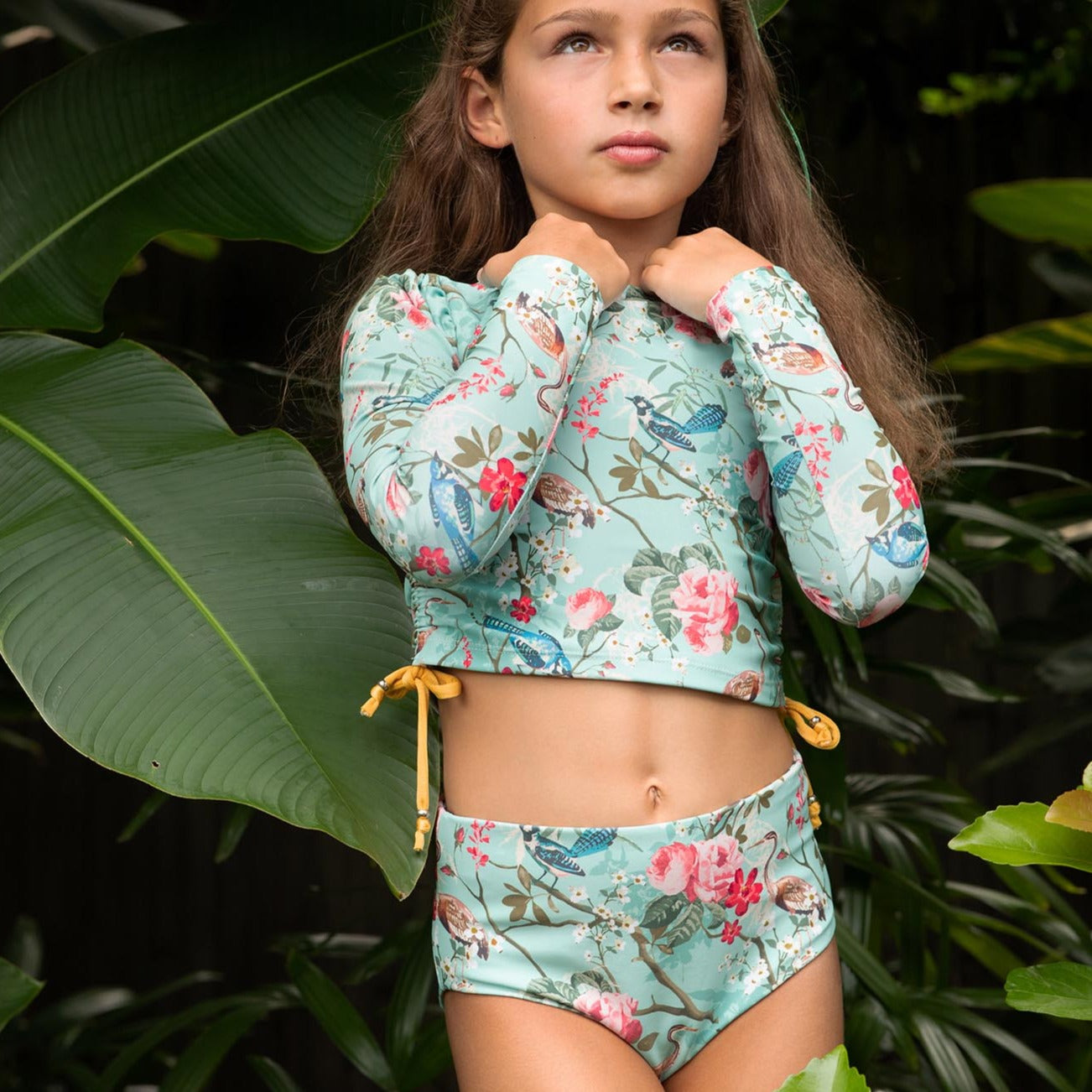 Girls Blue Floral 2 Piece Swimsuit with Side Ties - Lifestyle 1