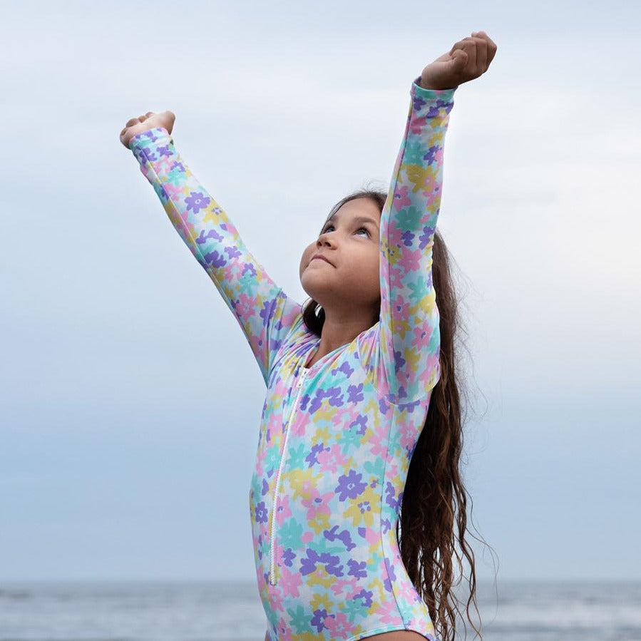 Girls Floral Long Sleeve Swimsuit with Zip - Lifestyle