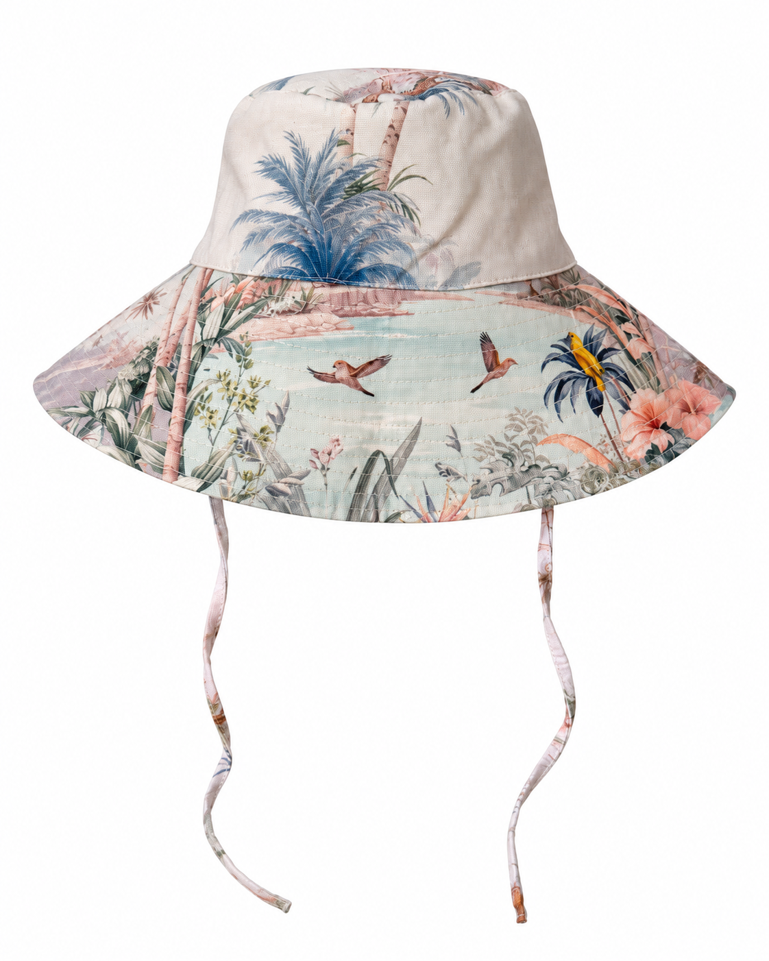 Olga Valentine Wild Palms bucket hat with tropical print, wide brim and chin ties.