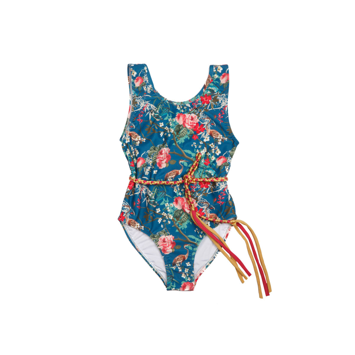 Girls Navy Floral One Piece Swimsuit with Tie - Front