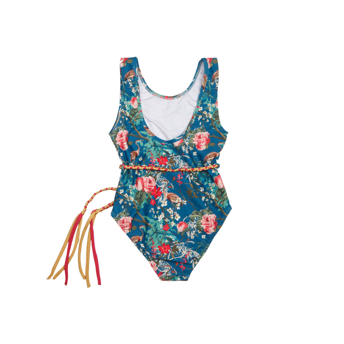 Girls Navy Floral One Piece Swimsuit with Tie - Back
