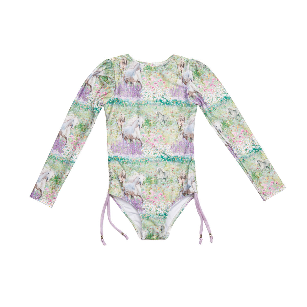 Girls Horses Long Sleeve Swimsuit with Side Ties - Front