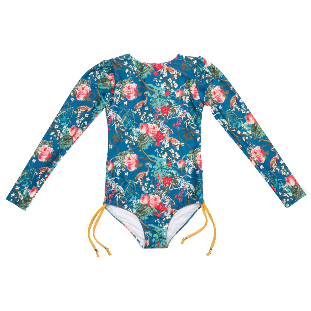 Girls Navy Floral Long Sleeve Swimsuit with Side Ties - Front 