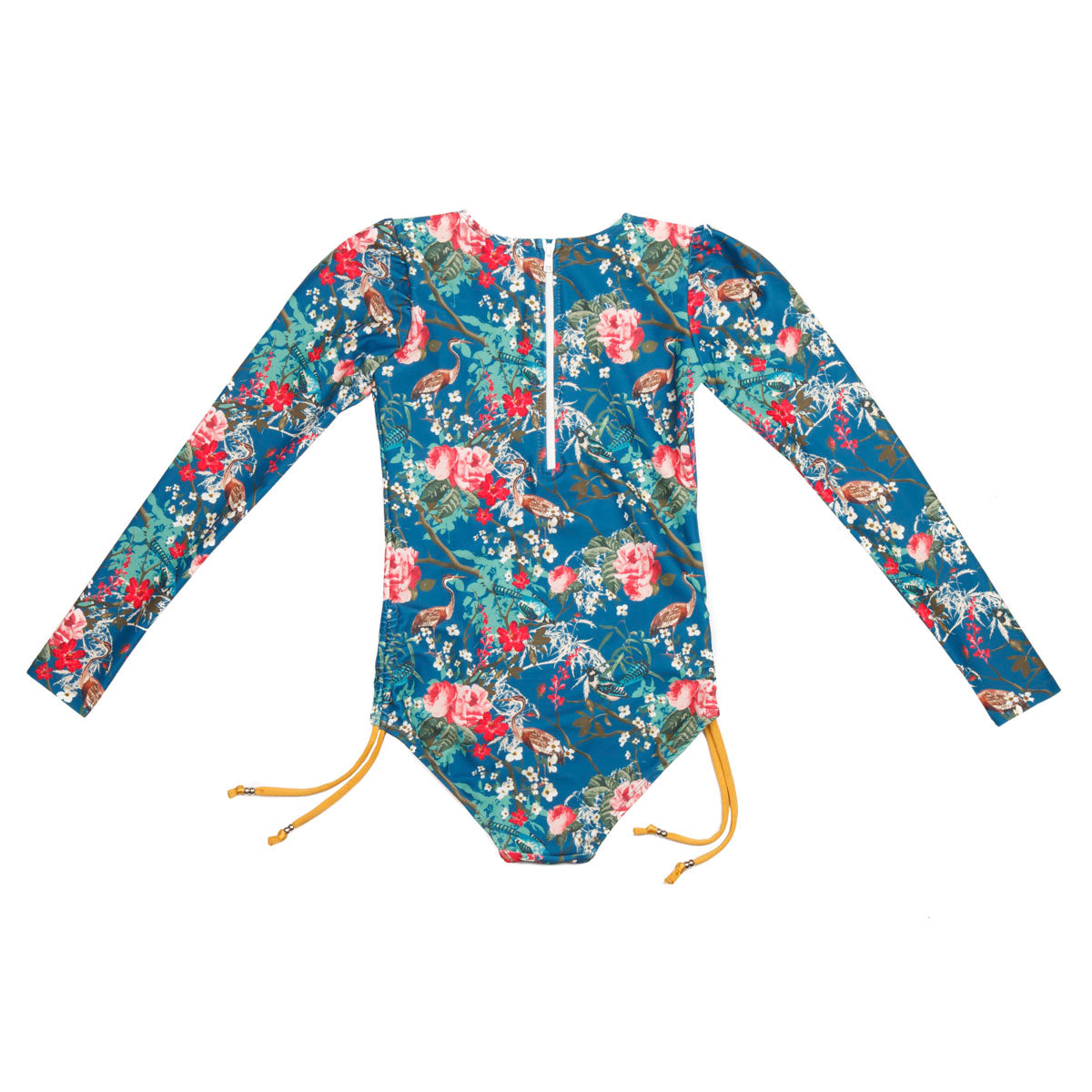 Girls Navy Floral Long Sleeve Swimsuit with Side Ties - Back