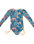 Girls Navy Floral Long Sleeve Swimsuit with Side Ties - Back