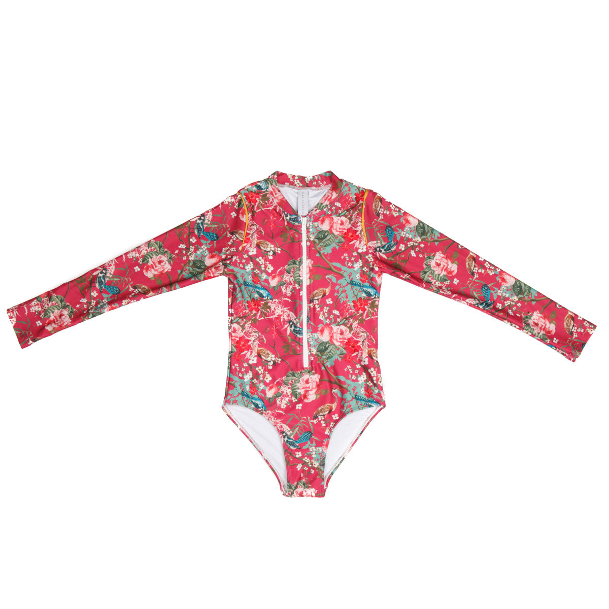 Girls Red Floral Long Sleeve Swimsuit with Zip - Front