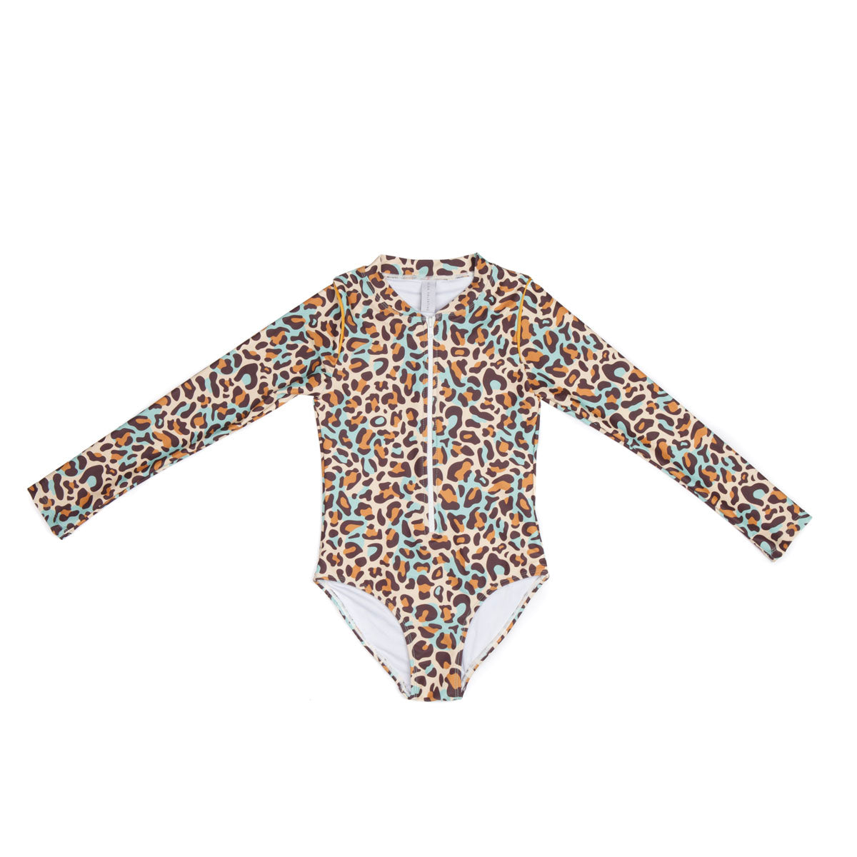 Girls Leopard Long Sleeve Swimsuit with Zip - Front