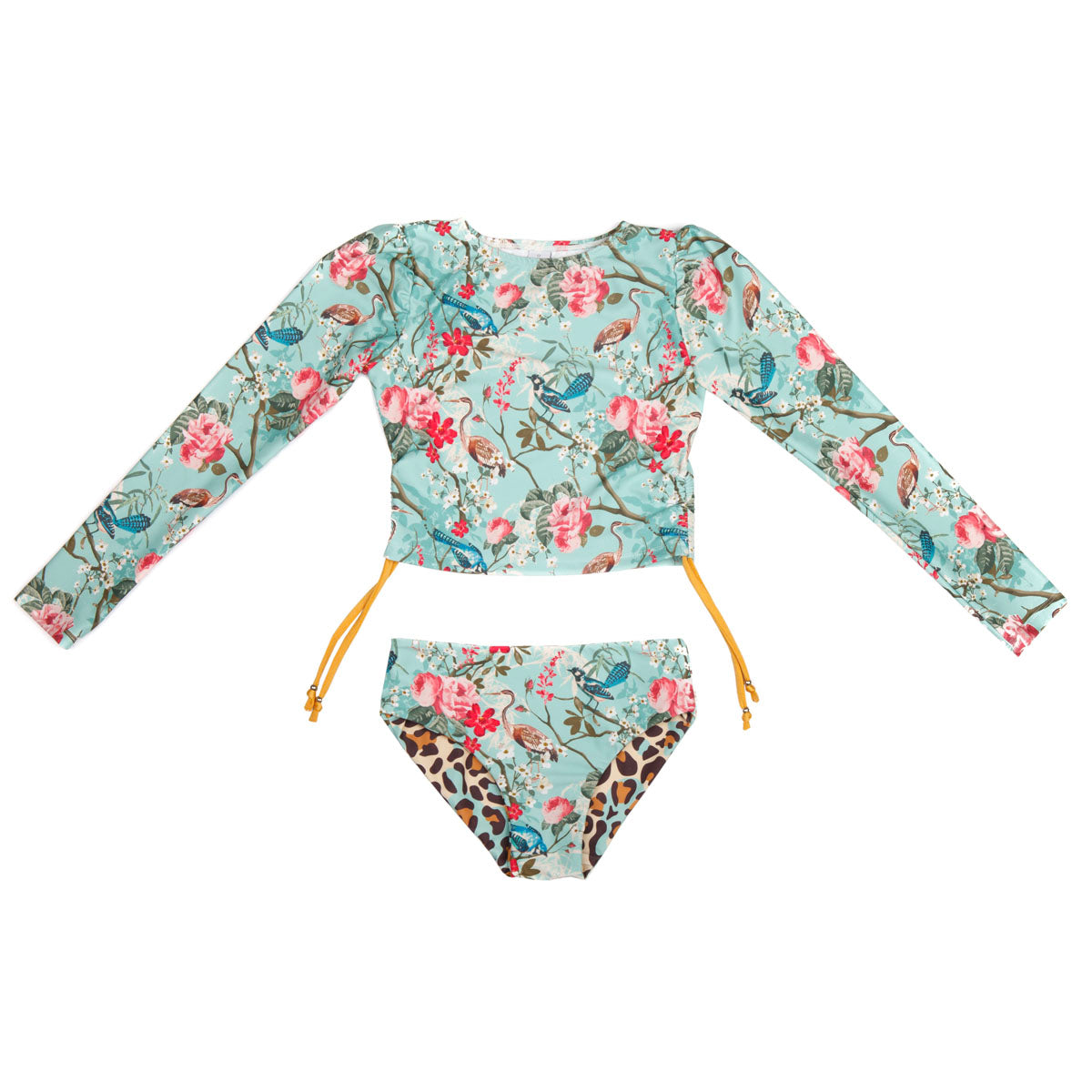 Girls Blue Floral 2 Piece Swimsuit with Side Ties - Front 1