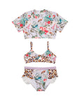 Girls Purple Floral 3 Piece Swim Set with Rashie - Front