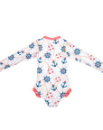 Girls Nautical Long Sleeve Swimsuit with Zip - Back