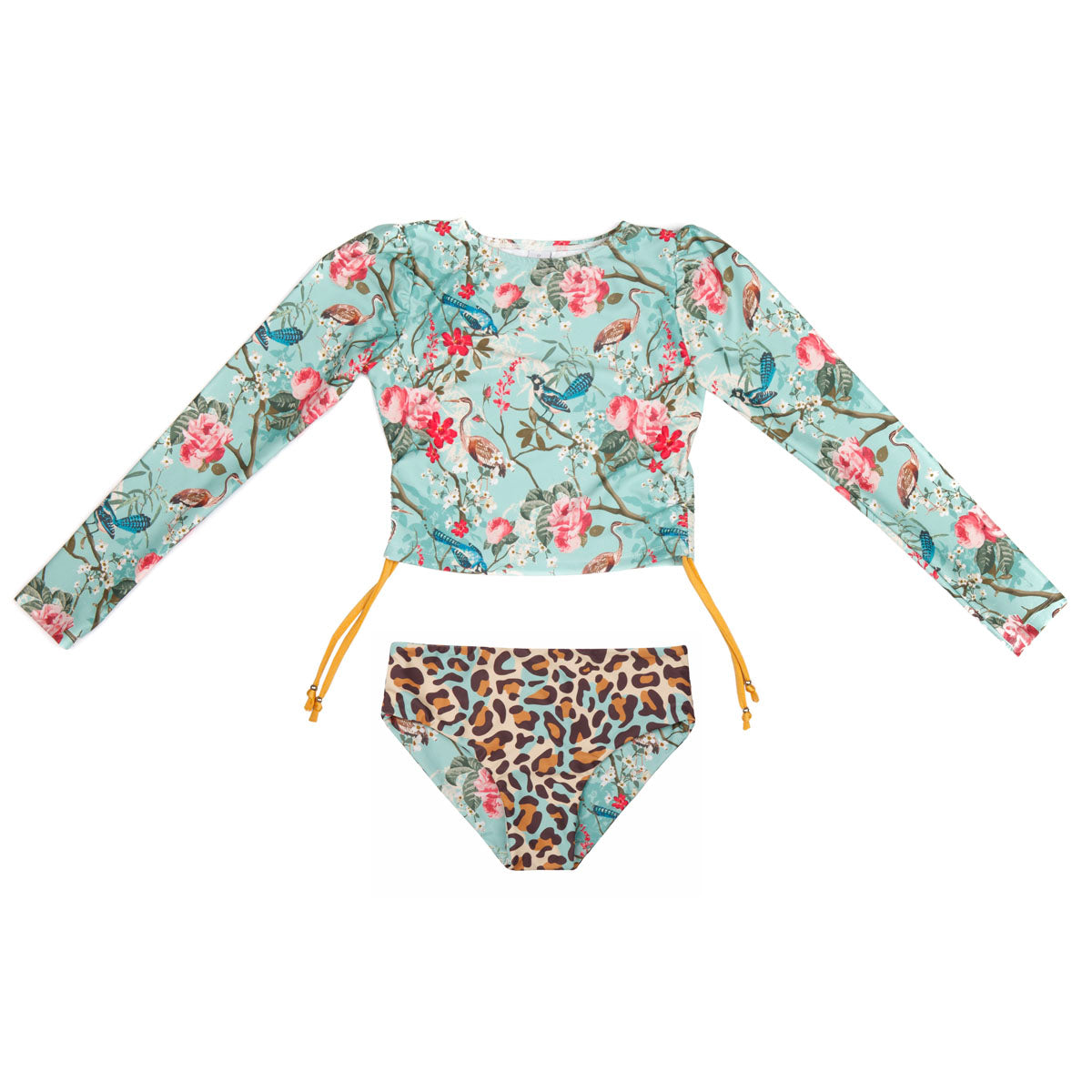 Girls Blue Floral 2 Piece Swimsuit with Side Ties - Front 2