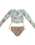 Girls Blue Floral 2 Piece Swimsuit with Side Ties - Back 2
