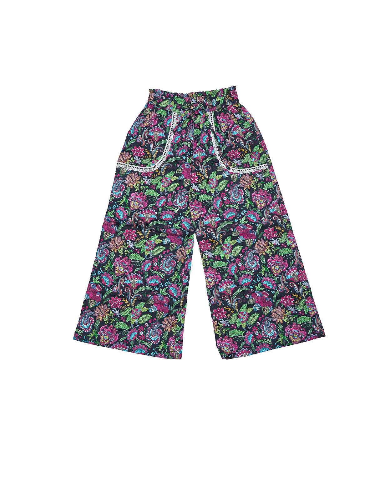 Olga Valentine Phoenix Wide Leg Pants, paisley floral print, flat lay front view