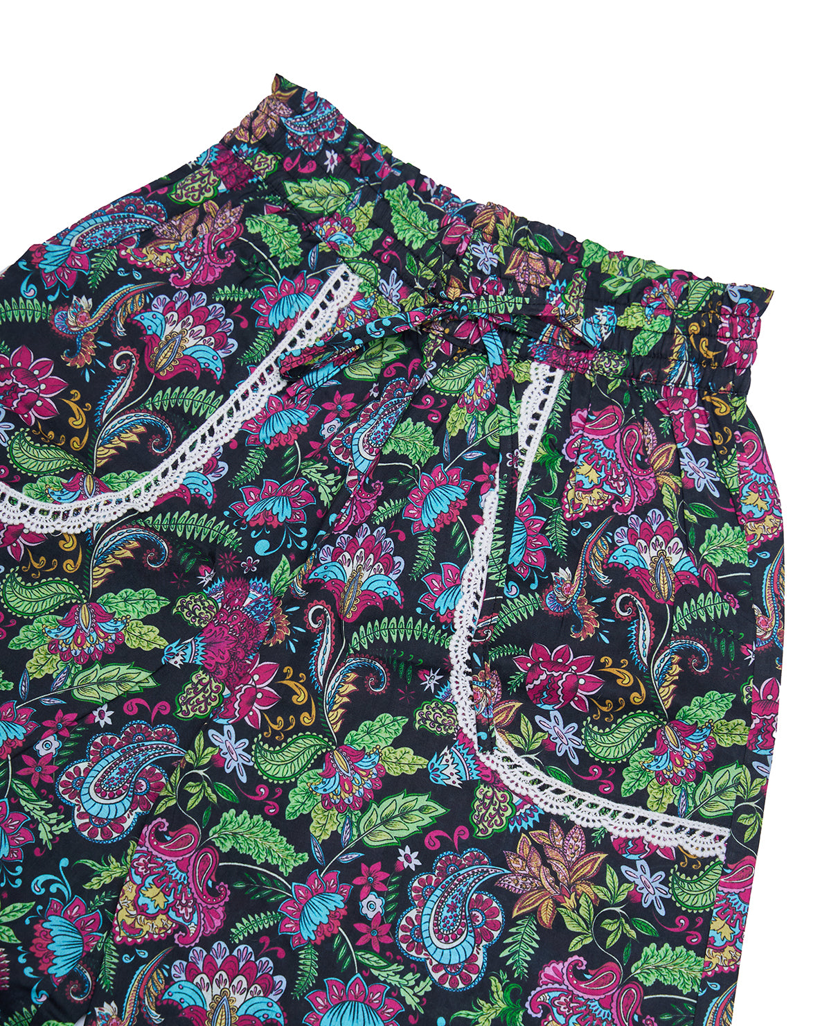 Close-up of Phoenix Wide Leg Pants elastic waistband and lace-trimmed pocket detail