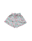 Girls Cotton Shorts in Blossom floral print, front view, showing tie-front elasticated waistband and lace-trimmed pockets