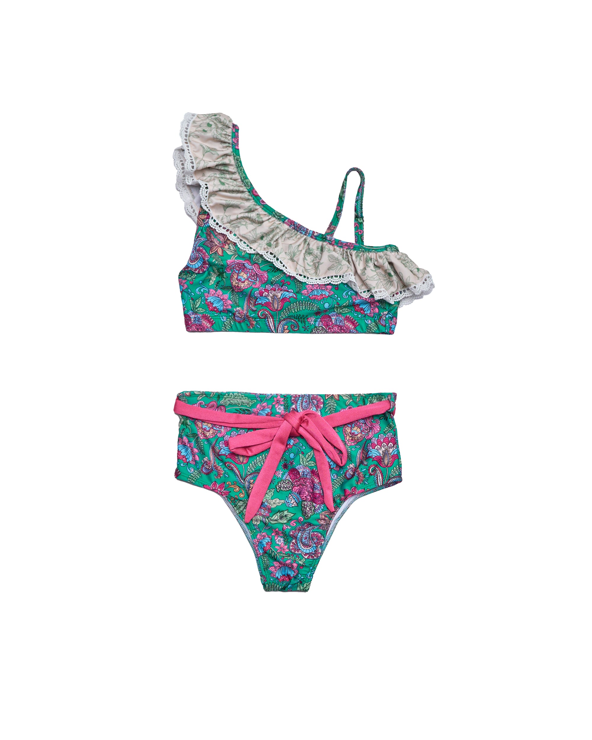 One Shoulder Bikini With Ruffle Trim (Leaf)