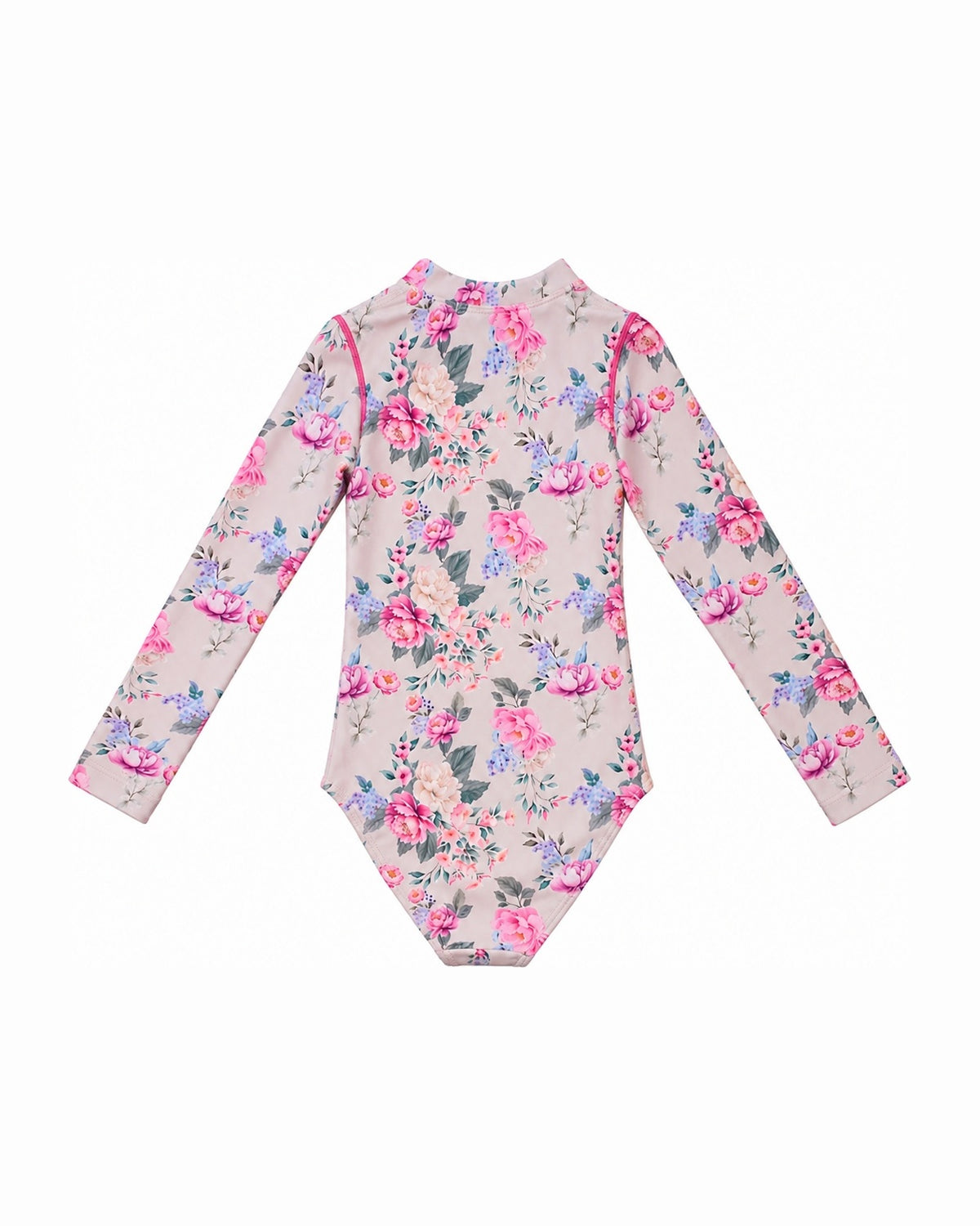 Girls Long Sleeve Zip One Piece – Camellia – back view flat lay | Olga Valentine luxury girls swimwear