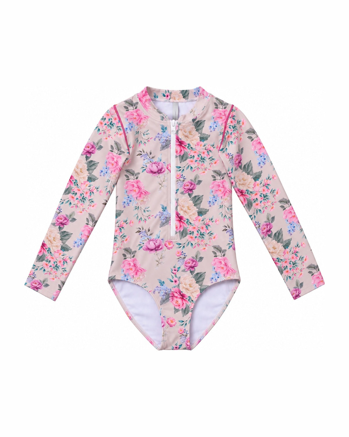 Girls Long Sleeve Zip One Piece – Camellia – front view flat lay | Olga Valentine luxury girls swimwear