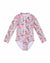 Girls Long Sleeve Zip One Piece – Camellia – front view flat lay | Olga Valentine luxury girls swimwear
