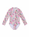 Girls Long Sleeve Zip One Piece – Camellia – front view flat lay | Olga Valentine luxury girls swimwear