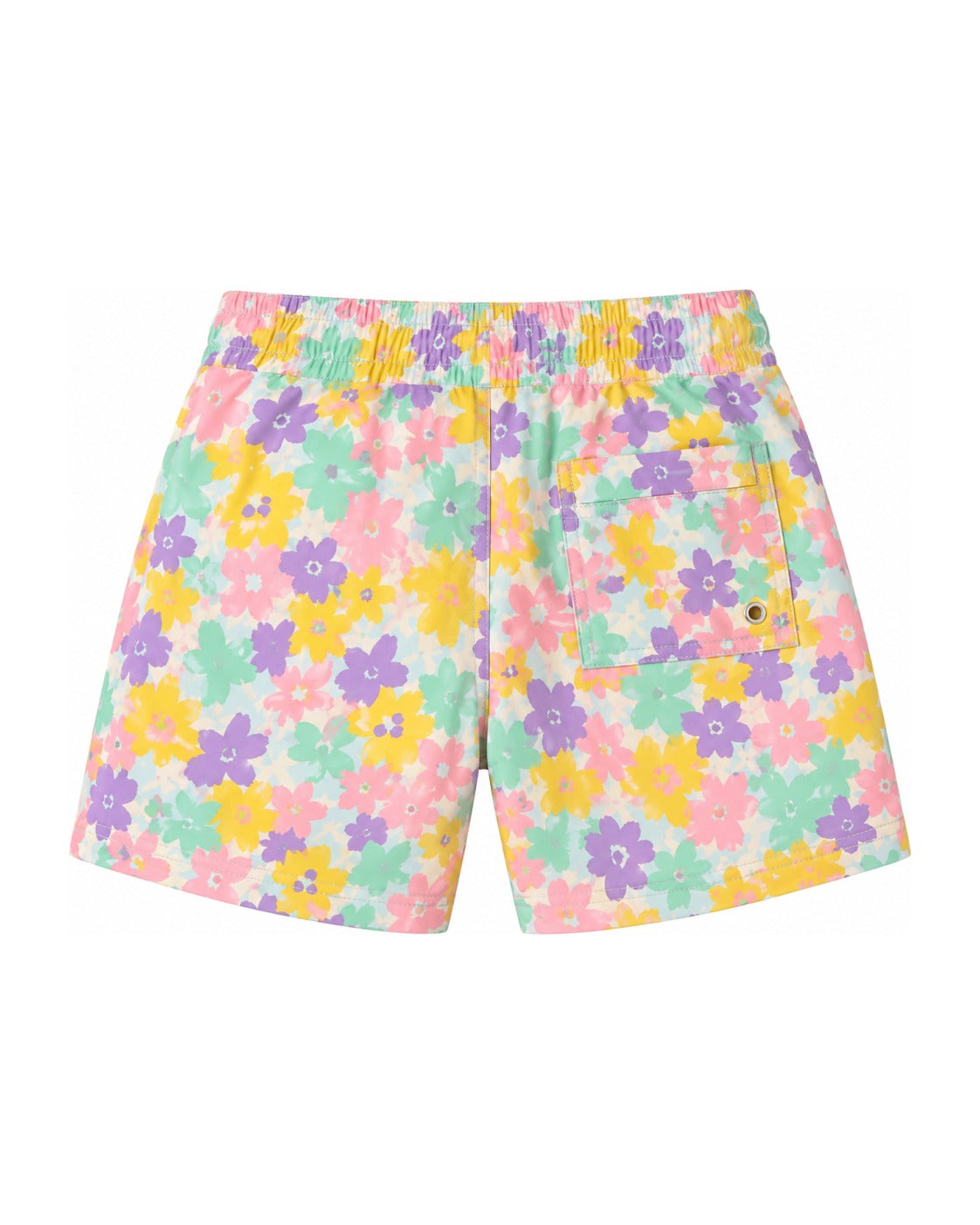Boys Board Shorts in April Love pastel floral print – back view with pocket – Olga Valentine