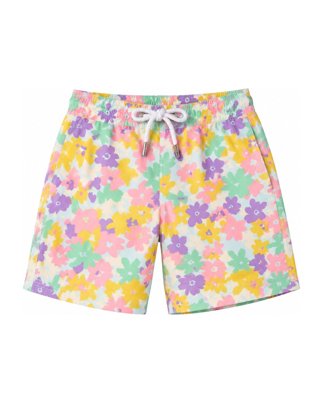 Boys Board Shorts in April Love pastel floral print – front view – Olga Valentine